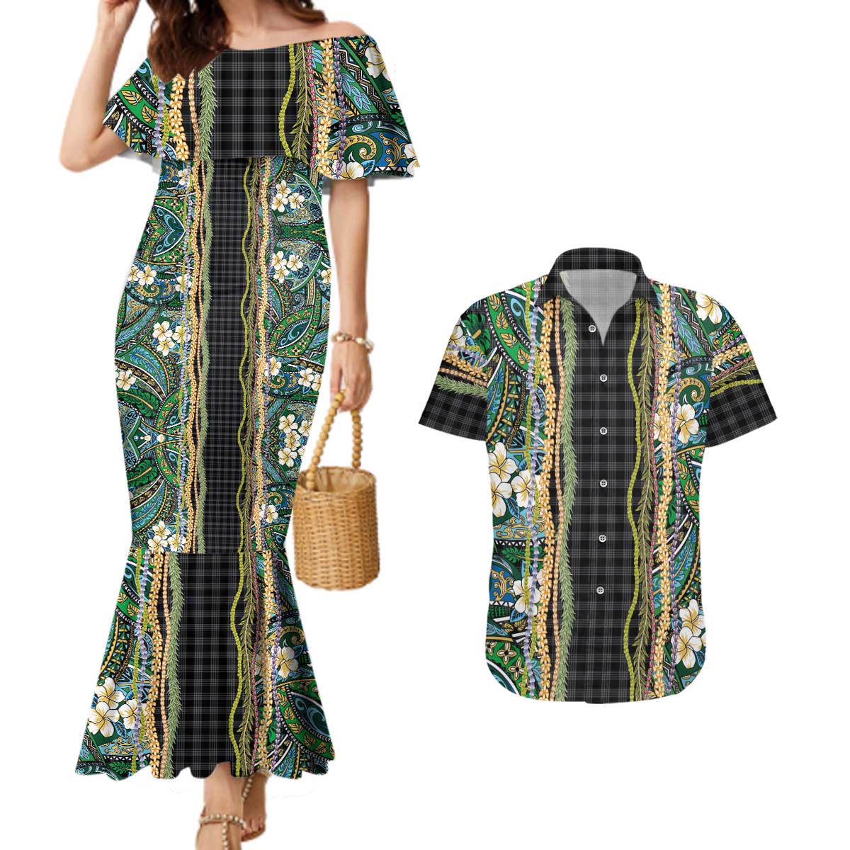 Hawaiian Art Flower Tribal with Lei Couples Matching Mermaid Dress and Hawaiian Shirt Palaka Pattern Black Color - Polynesian Pride