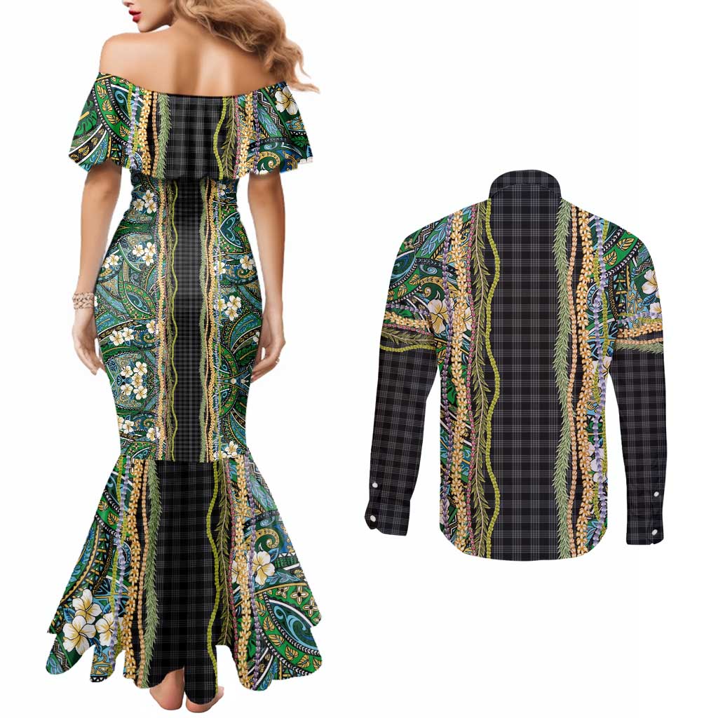 Hawaiian Art Flower Tribal with Lei Couples Matching Mermaid Dress and Long Sleeve Button Shirt Palaka Pattern Black Color - Polynesian Pride