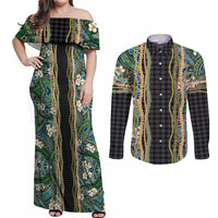 Hawaiian Art Flower Tribal with Lei Couples Matching Off Shoulder Maxi Dress and Long Sleeve Button Shirt Palaka Pattern Black Color LT03 Black - Polynesian Pride