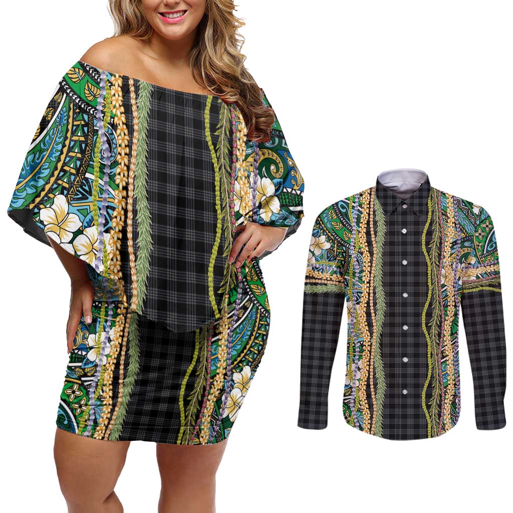Hawaiian Art Flower Tribal with Lei Couples Matching Off Shoulder Short Dress and Long Sleeve Button Shirt Palaka Pattern Black Color LT03 Black - Polynesian Pride