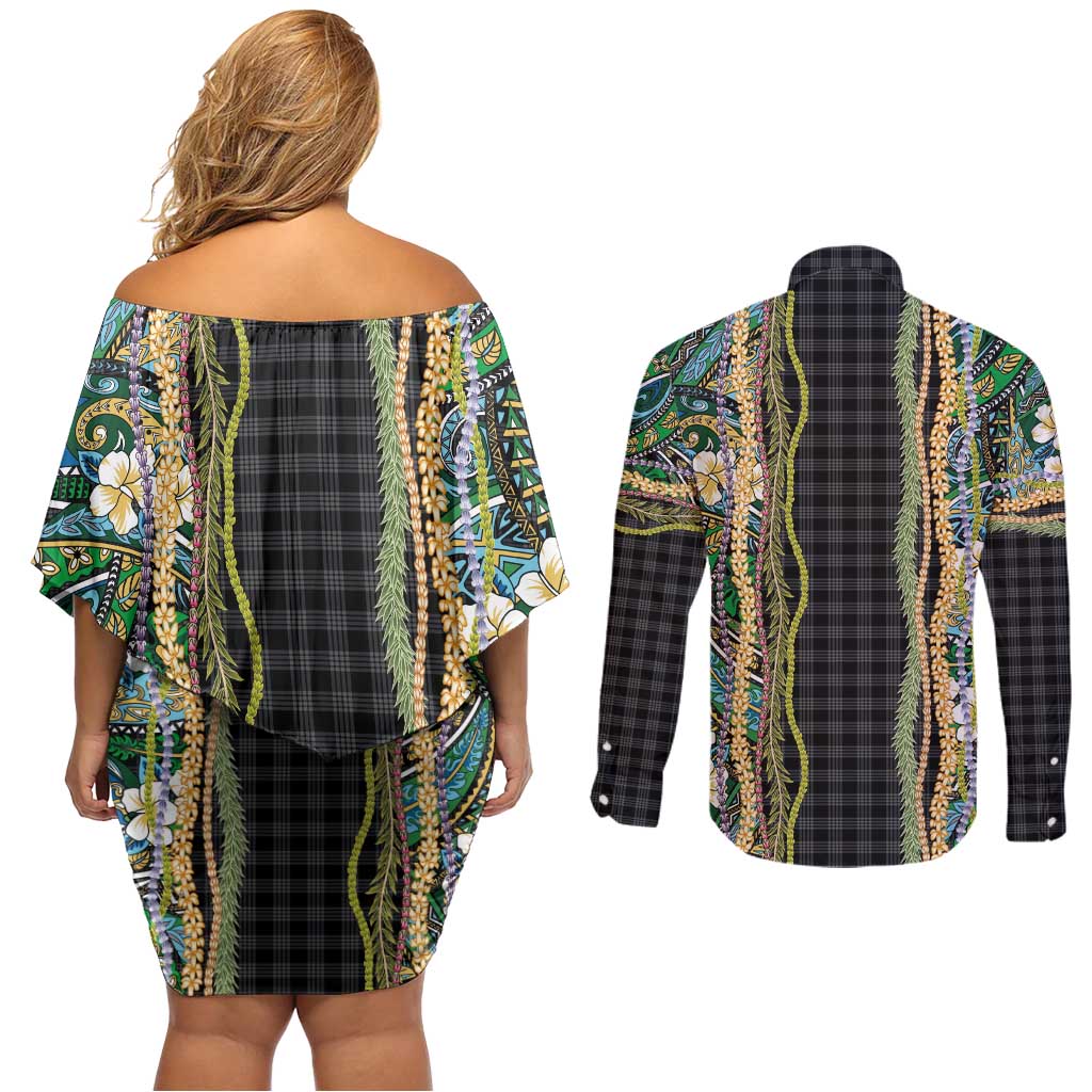 Hawaiian Art Flower Tribal with Lei Couples Matching Off Shoulder Short Dress and Long Sleeve Button Shirt Palaka Pattern Black Color LT03 - Polynesian Pride