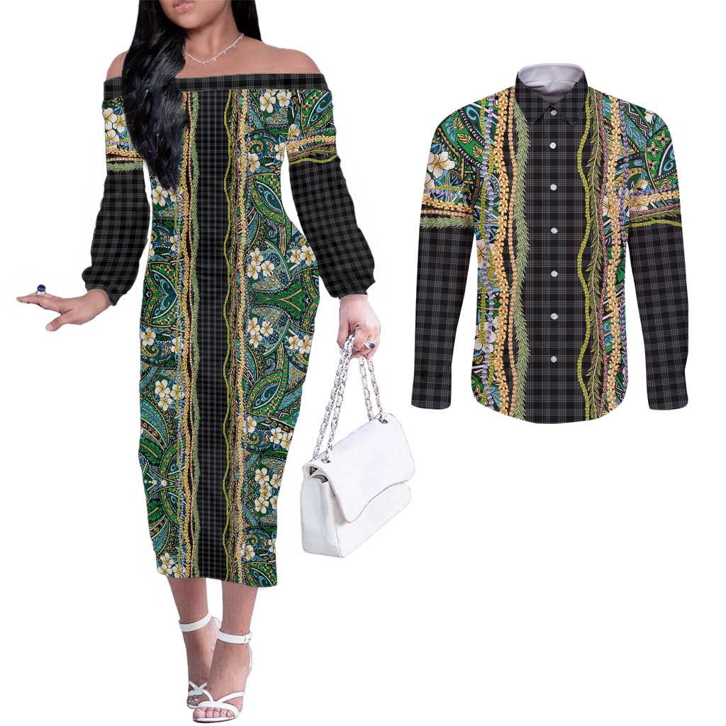 Hawaiian Art Flower Tribal with Lei Couples Matching Off The Shoulder Long Sleeve Dress and Long Sleeve Button Shirt Palaka Pattern Black Color - Polynesian Pride