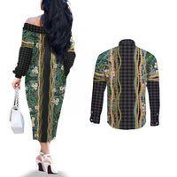 Hawaiian Art Flower Tribal with Lei Couples Matching Off The Shoulder Long Sleeve Dress and Long Sleeve Button Shirt Palaka Pattern Black Color - Polynesian Pride