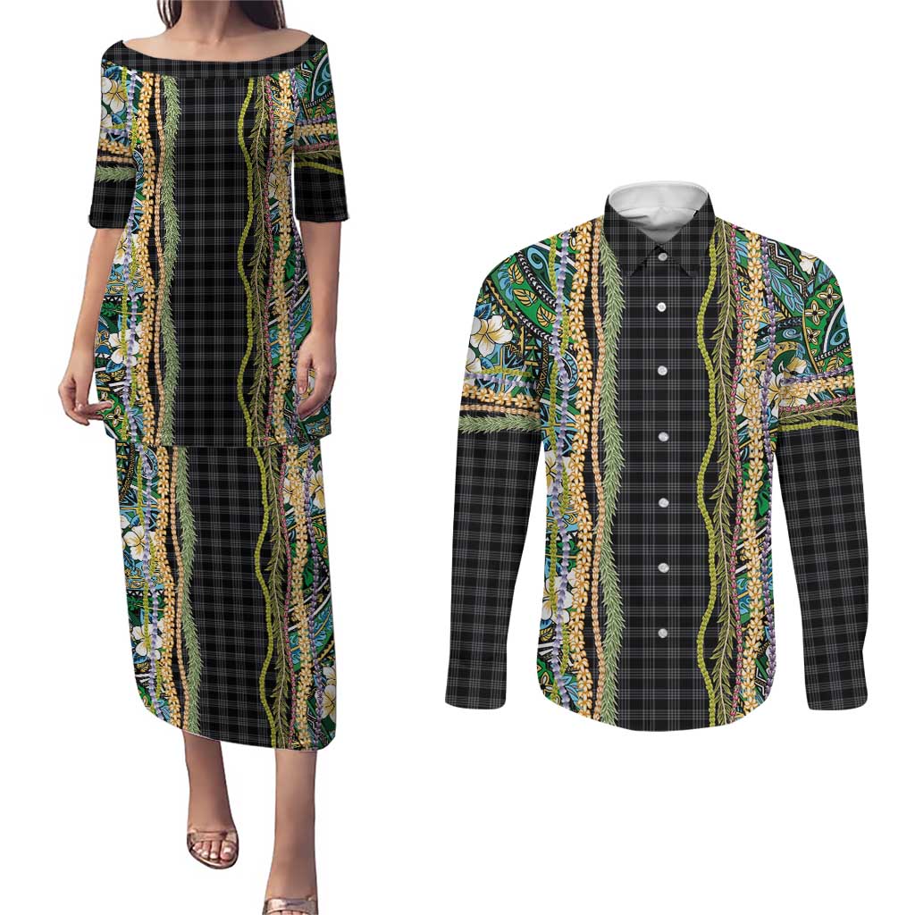 Hawaiian Art Flower Tribal with Lei Couples Matching Puletasi and Long Sleeve Button Shirt Palaka Pattern Black Color - Polynesian Pride