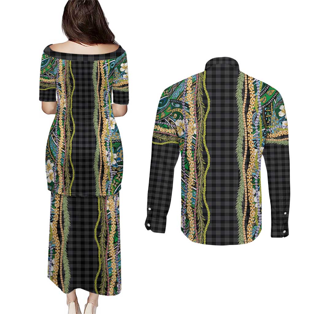 Hawaiian Art Flower Tribal with Lei Couples Matching Puletasi and Long Sleeve Button Shirt Palaka Pattern Black Color - Polynesian Pride