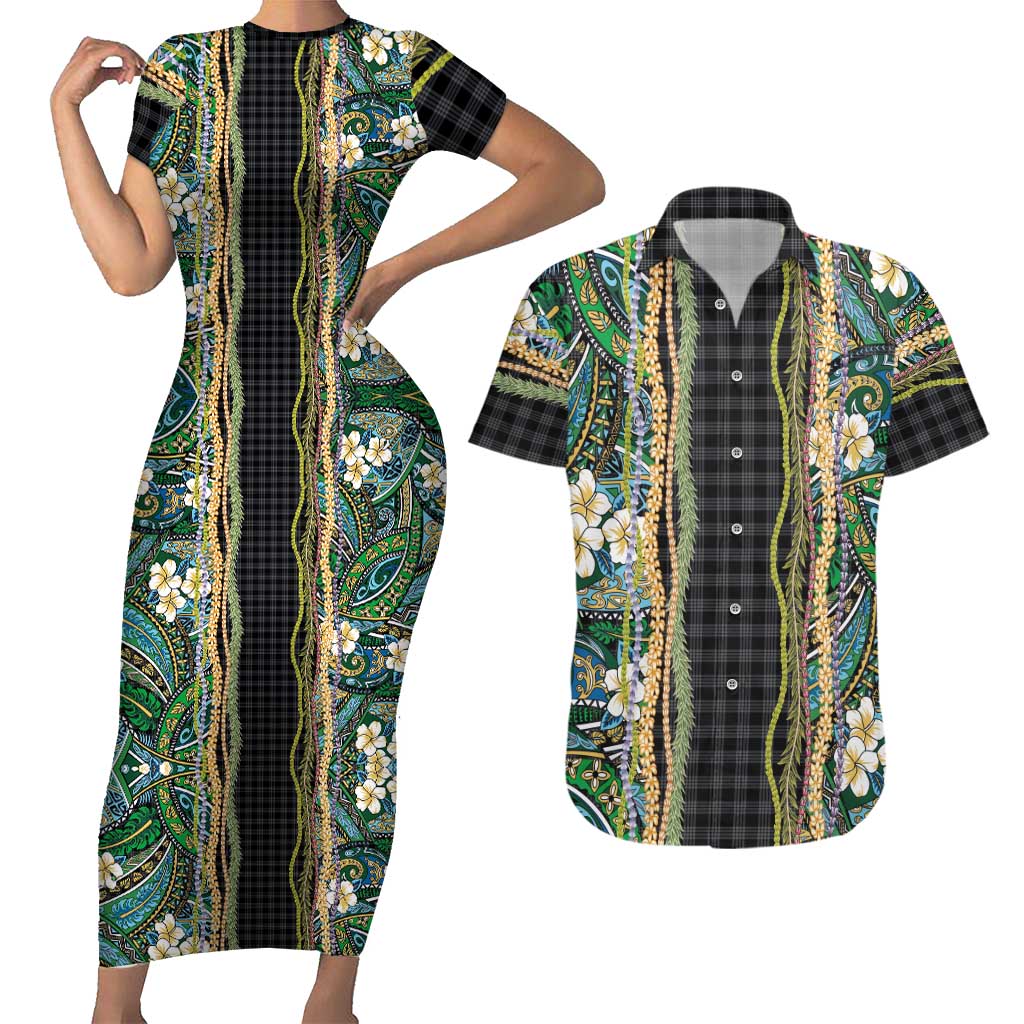 Hawaiian Art Flower Tribal with Lei Couples Matching Short Sleeve Bodycon Dress and Hawaiian Shirt Palaka Pattern Black Color - Polynesian Pride