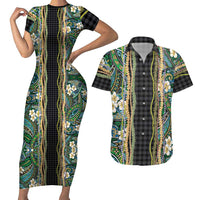 Hawaiian Art Flower Tribal with Lei Couples Matching Short Sleeve Bodycon Dress and Hawaiian Shirt Palaka Pattern Black Color - Polynesian Pride