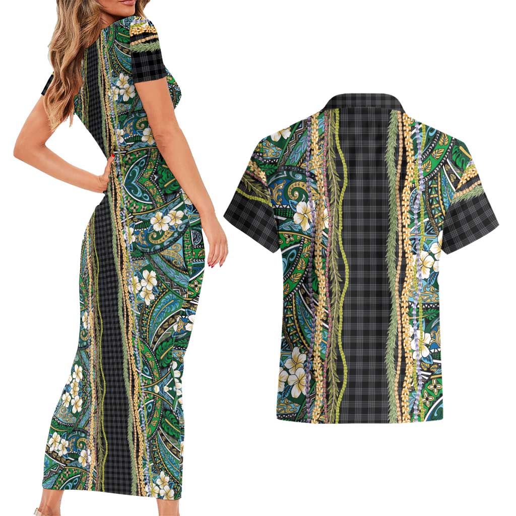 Hawaiian Art Flower Tribal with Lei Couples Matching Short Sleeve Bodycon Dress and Hawaiian Shirt Palaka Pattern Black Color - Polynesian Pride