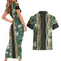 Hawaiian Art Flower Tribal with Lei Couples Matching Short Sleeve Bodycon Dress and Hawaiian Shirt Palaka Pattern Black Color - Polynesian Pride