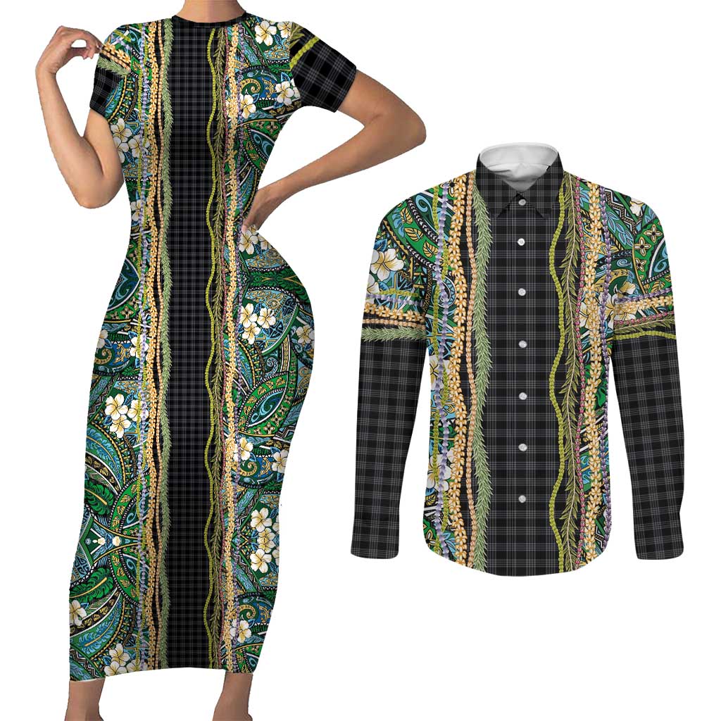 Hawaiian Art Flower Tribal with Lei Couples Matching Short Sleeve Bodycon Dress and Long Sleeve Button Shirt Palaka Pattern Black Color LT03 Black - Polynesian Pride