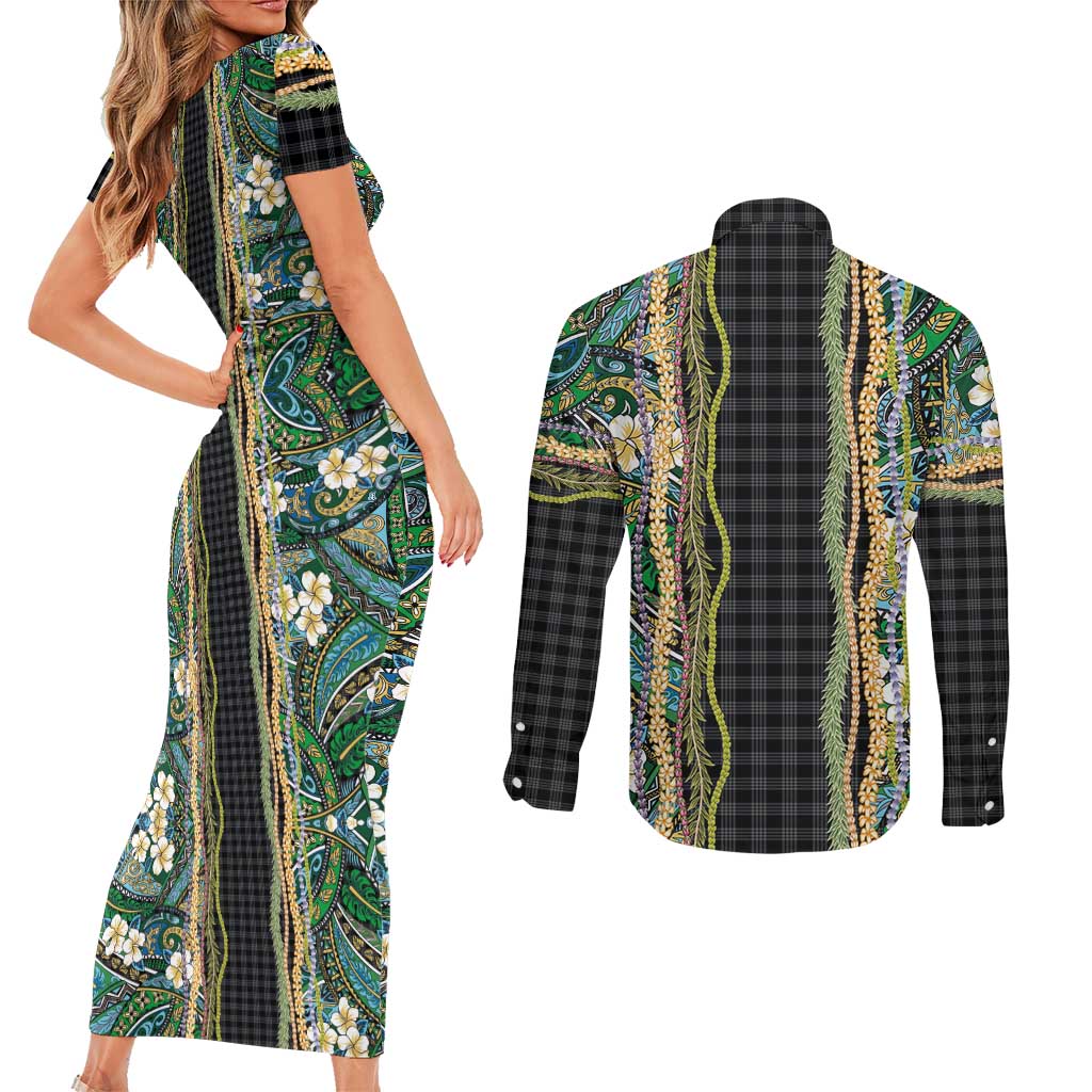 Hawaiian Art Flower Tribal with Lei Couples Matching Short Sleeve Bodycon Dress and Long Sleeve Button Shirt Palaka Pattern Black Color LT03 - Polynesian Pride