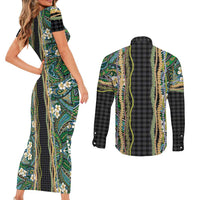 Hawaiian Art Flower Tribal with Lei Couples Matching Short Sleeve Bodycon Dress and Long Sleeve Button Shirt Palaka Pattern Black Color LT03 - Polynesian Pride