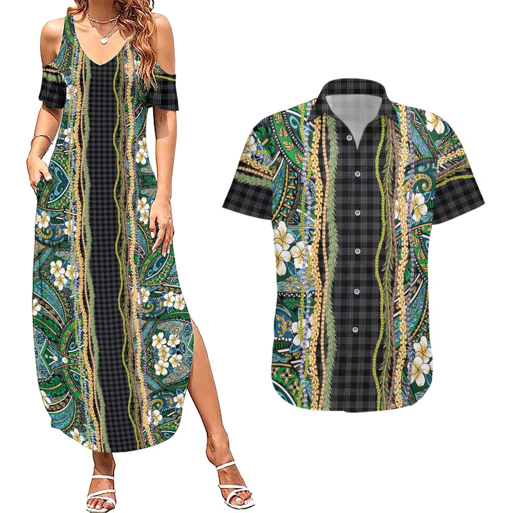 Hawaiian Art Flower Tribal with Lei Couples Matching Summer Maxi Dress and Hawaiian Shirt Palaka Pattern Black Color - Polynesian Pride