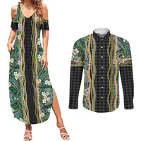 Hawaiian Art Flower Tribal with Lei Couples Matching Summer Maxi Dress and Long Sleeve Button Shirt Palaka Pattern Black Color - Polynesian Pride