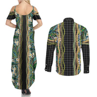 Hawaiian Art Flower Tribal with Lei Couples Matching Summer Maxi Dress and Long Sleeve Button Shirt Palaka Pattern Black Color - Polynesian Pride