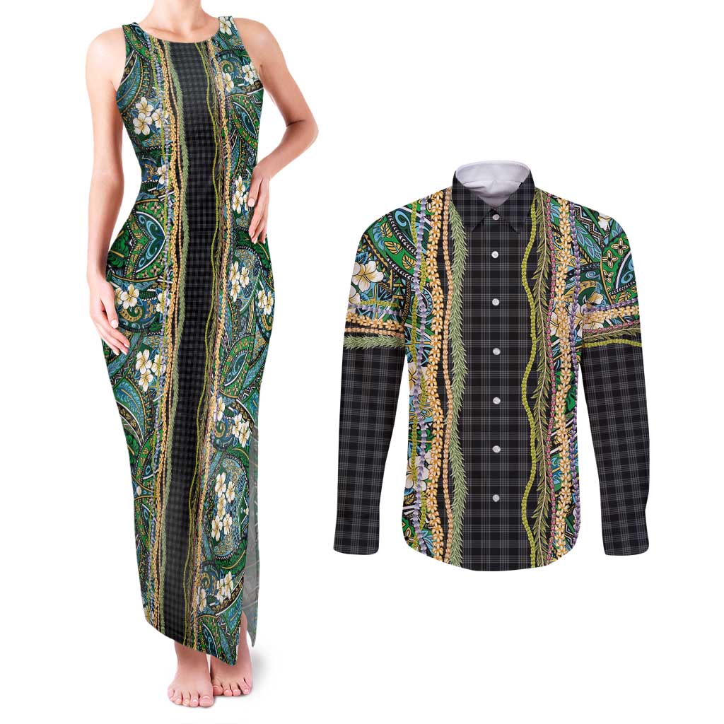 Hawaiian Art Flower Tribal with Lei Couples Matching Tank Maxi Dress and Long Sleeve Button Shirt Palaka Pattern Black Color LT03 Black - Polynesian Pride