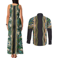 Hawaiian Art Flower Tribal with Lei Couples Matching Tank Maxi Dress and Long Sleeve Button Shirt Palaka Pattern Black Color LT03 - Polynesian Pride
