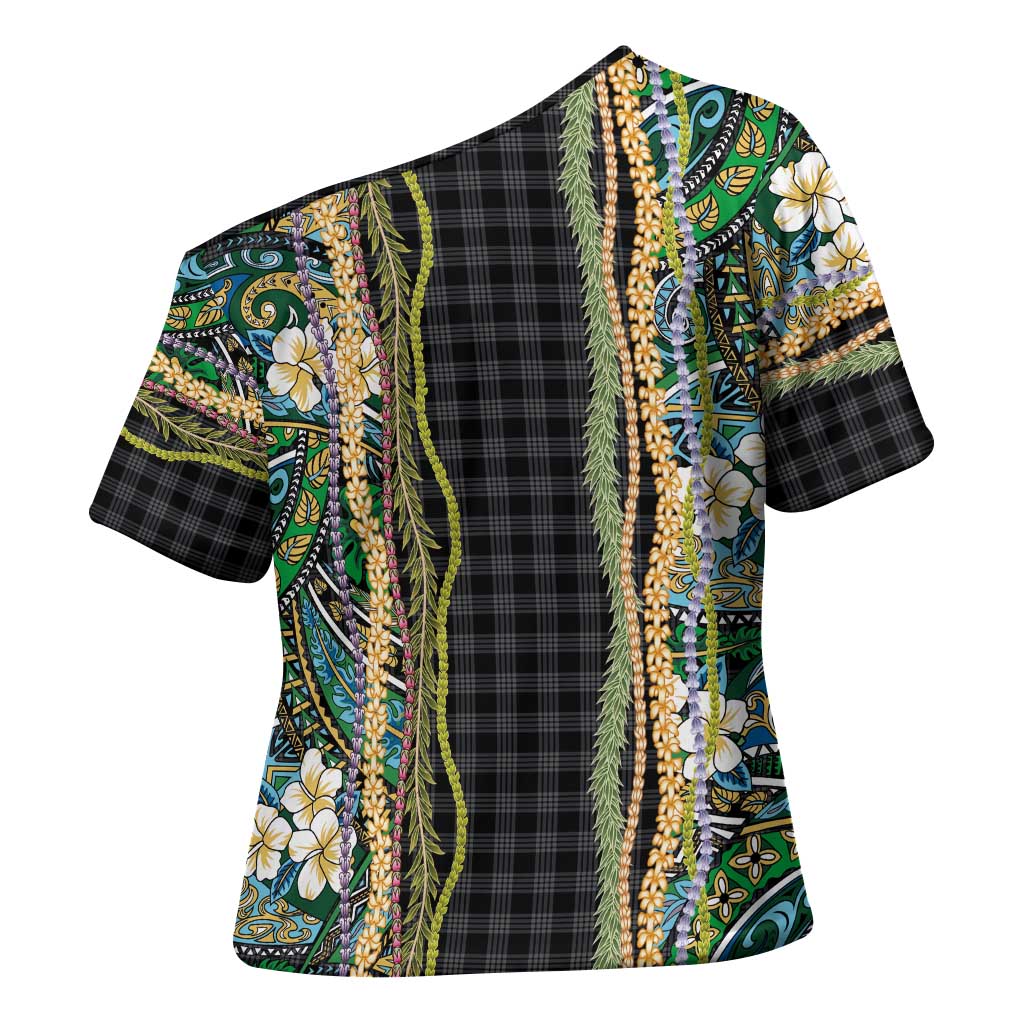 Hawaiian Art Flower Tribal with Lei Cross Shoulder Shirt Palaka Pattern Black Color - Polynesian Pride