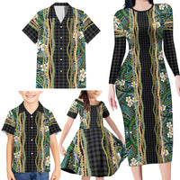 Hawaiian Art Flower Tribal with Lei Family Matching Long Sleeve Bodycon Dress and Hawaiian Shirt Palaka Pattern Black Color - Polynesian Pride
