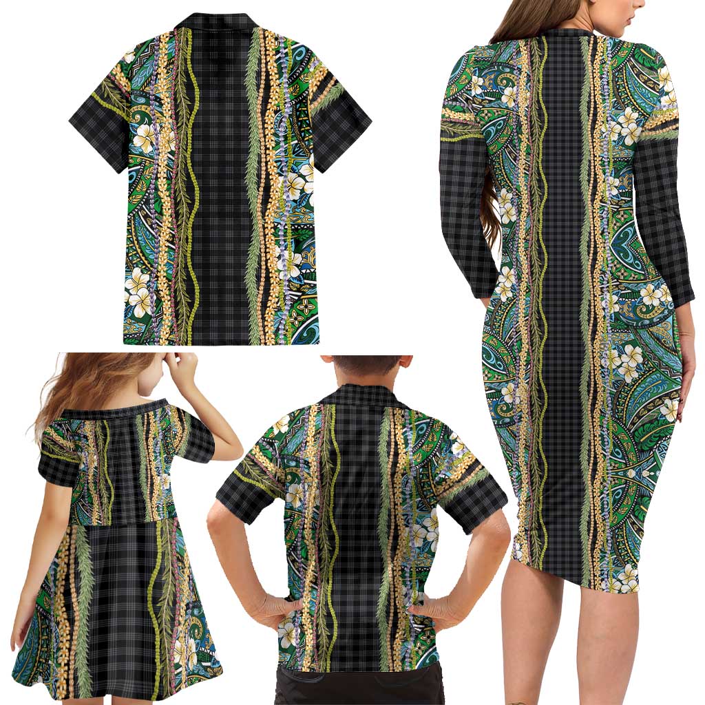 Hawaiian Art Flower Tribal with Lei Family Matching Long Sleeve Bodycon Dress and Hawaiian Shirt Palaka Pattern Black Color - Polynesian Pride