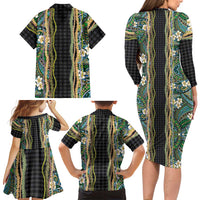 Hawaiian Art Flower Tribal with Lei Family Matching Long Sleeve Bodycon Dress and Hawaiian Shirt Palaka Pattern Black Color - Polynesian Pride