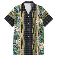 Hawaiian Art Flower Tribal with Lei Family Matching Long Sleeve Bodycon Dress and Hawaiian Shirt Palaka Pattern Black Color - Polynesian Pride