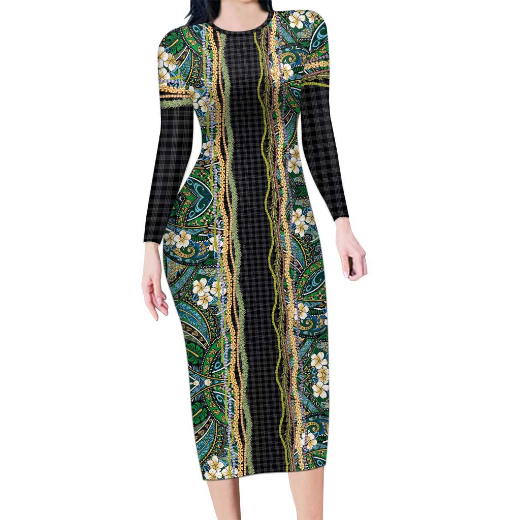 Hawaiian Art Flower Tribal with Lei Family Matching Long Sleeve Bodycon Dress and Hawaiian Shirt Palaka Pattern Black Color - Polynesian Pride
