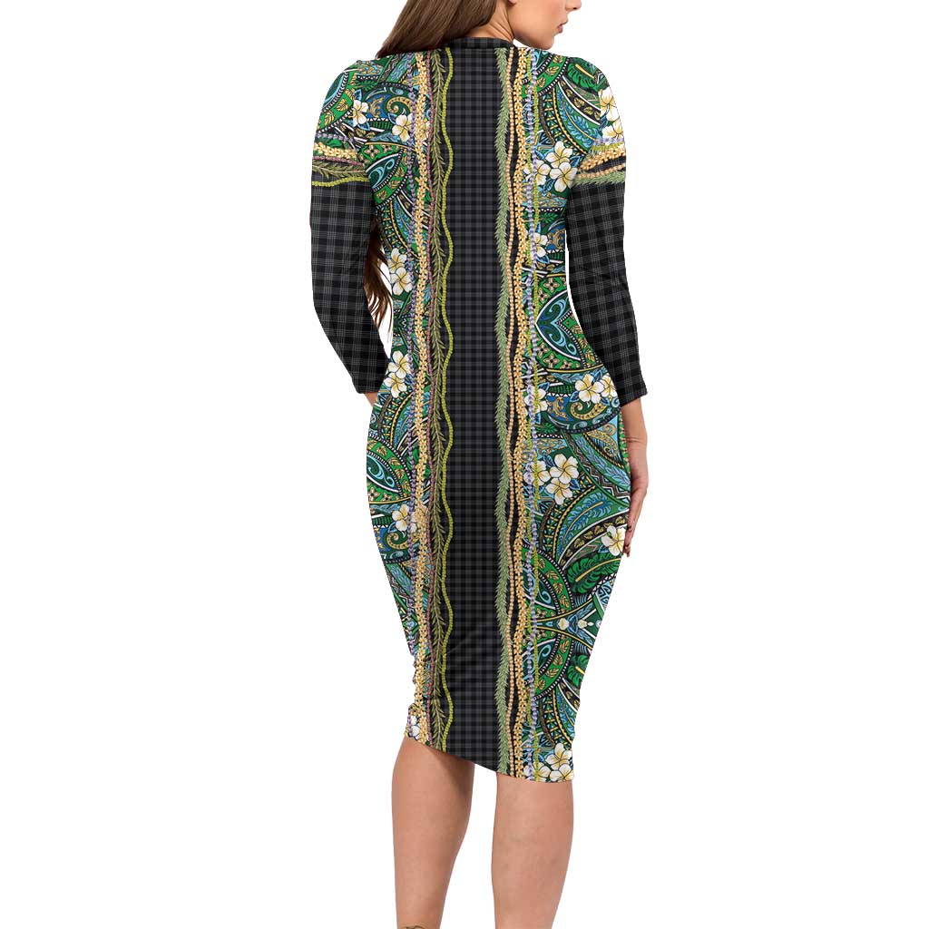 Hawaiian Art Flower Tribal with Lei Family Matching Long Sleeve Bodycon Dress and Hawaiian Shirt Palaka Pattern Black Color - Polynesian Pride