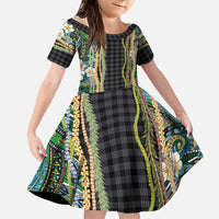 Hawaiian Art Flower Tribal with Lei Family Matching Off The Shoulder Long Sleeve Dress and Hawaiian Shirt Palaka Pattern Black Color - Polynesian Pride