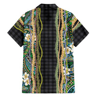 Hawaiian Art Flower Tribal with Lei Family Matching Off The Shoulder Long Sleeve Dress and Hawaiian Shirt Palaka Pattern Black Color - Polynesian Pride
