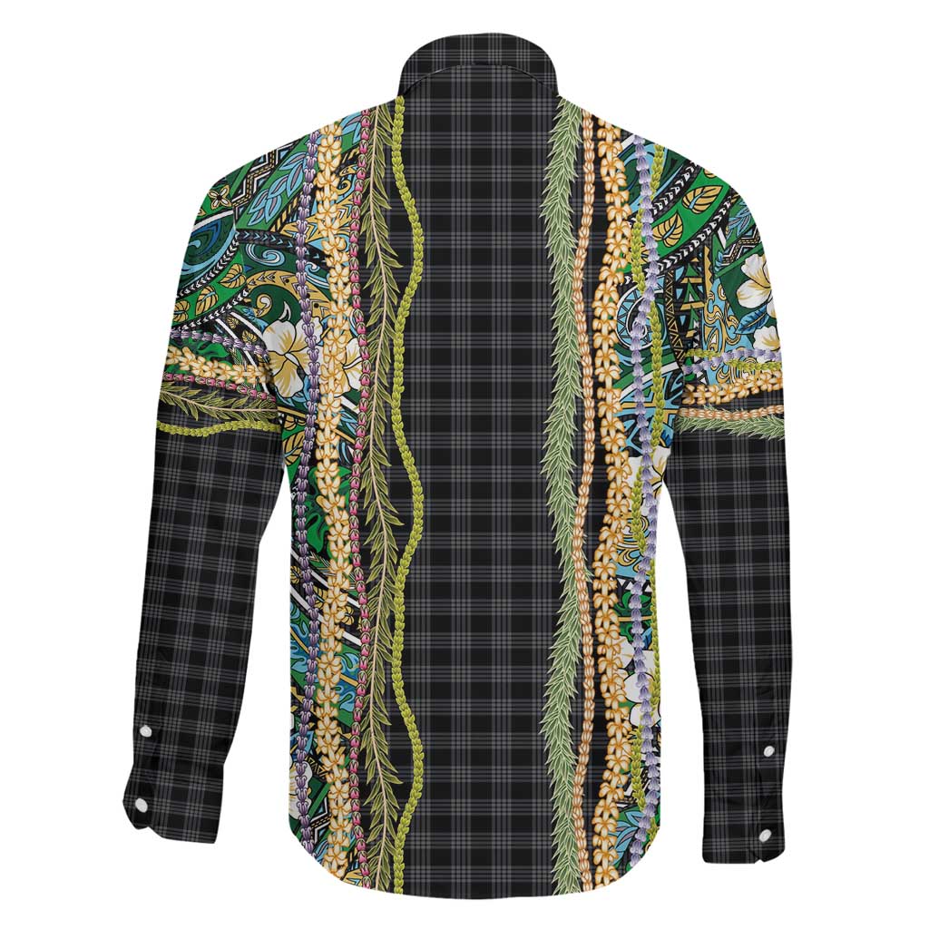 Hawaiian Art Flower Tribal with Lei Family Matching Off The Shoulder Long Sleeve Dress and Hawaiian Shirt Palaka Pattern Black Color - Polynesian Pride
