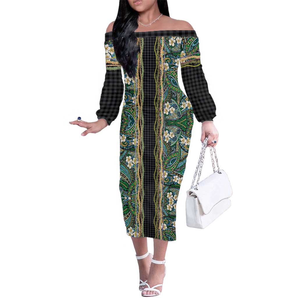 Hawaiian Art Flower Tribal with Lei Family Matching Off The Shoulder Long Sleeve Dress and Hawaiian Shirt Palaka Pattern Black Color - Polynesian Pride