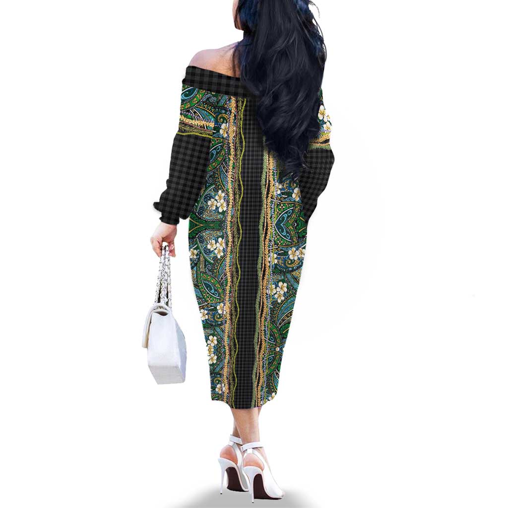 Hawaiian Art Flower Tribal with Lei Family Matching Off The Shoulder Long Sleeve Dress and Hawaiian Shirt Palaka Pattern Black Color - Polynesian Pride