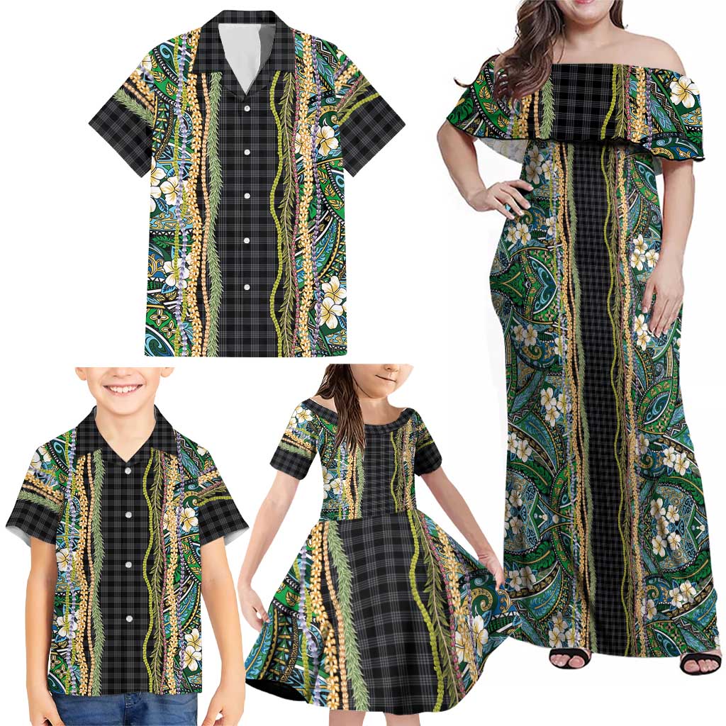 Hawaiian Art Flower Tribal with Lei Family Matching Off Shoulder Maxi Dress and Hawaiian Shirt Palaka Pattern Black Color - Polynesian Pride