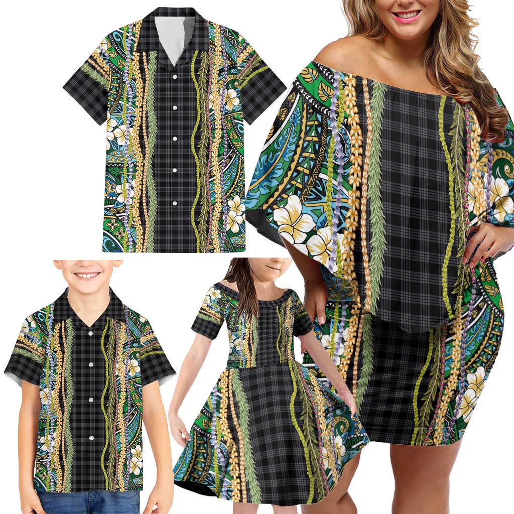 Hawaiian Art Flower Tribal with Lei Family Matching Off Shoulder Short Dress and Hawaiian Shirt Palaka Pattern Black Color - Polynesian Pride