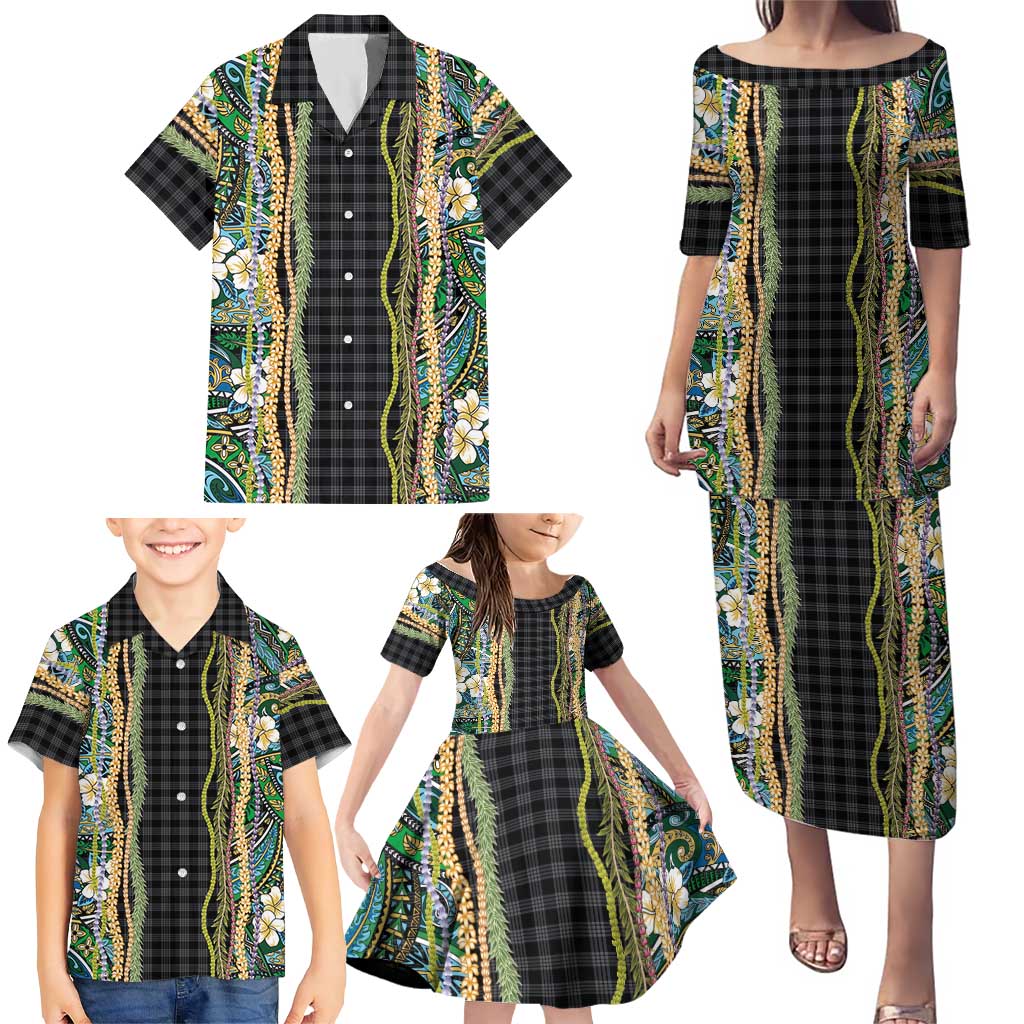 Hawaiian Art Flower Tribal with Lei Family Matching Puletasi and Hawaiian Shirt Palaka Pattern Black Color - Polynesian Pride