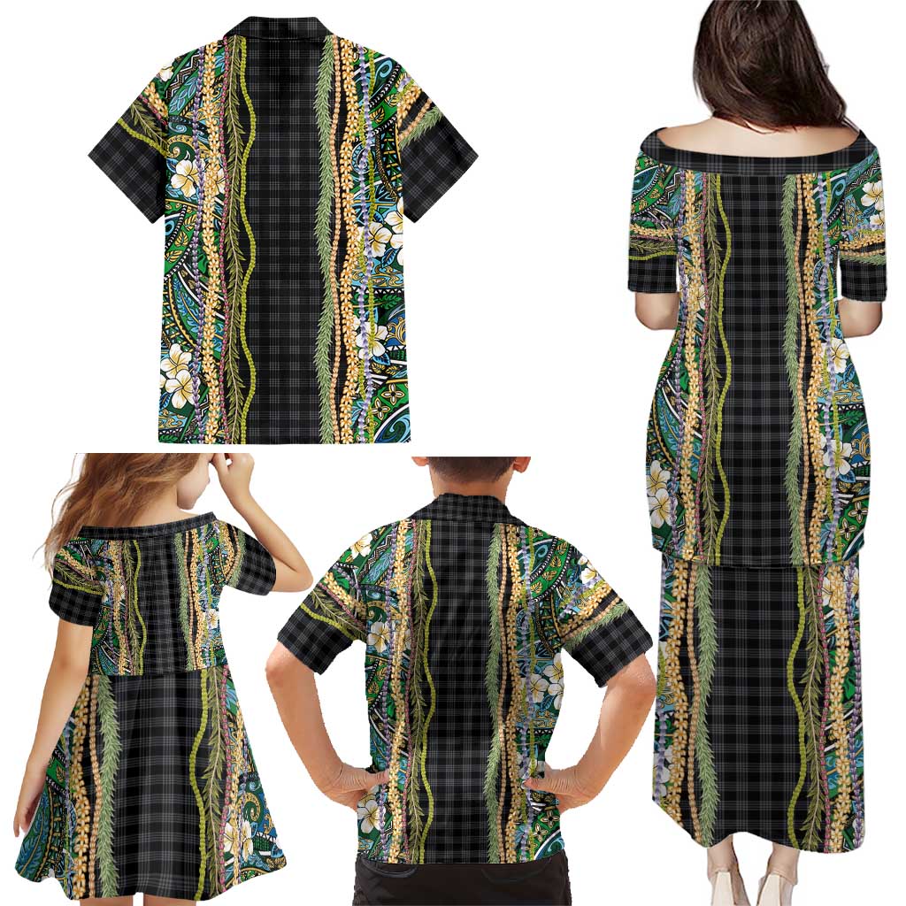 Hawaiian Art Flower Tribal with Lei Family Matching Puletasi and Hawaiian Shirt Palaka Pattern Black Color - Polynesian Pride