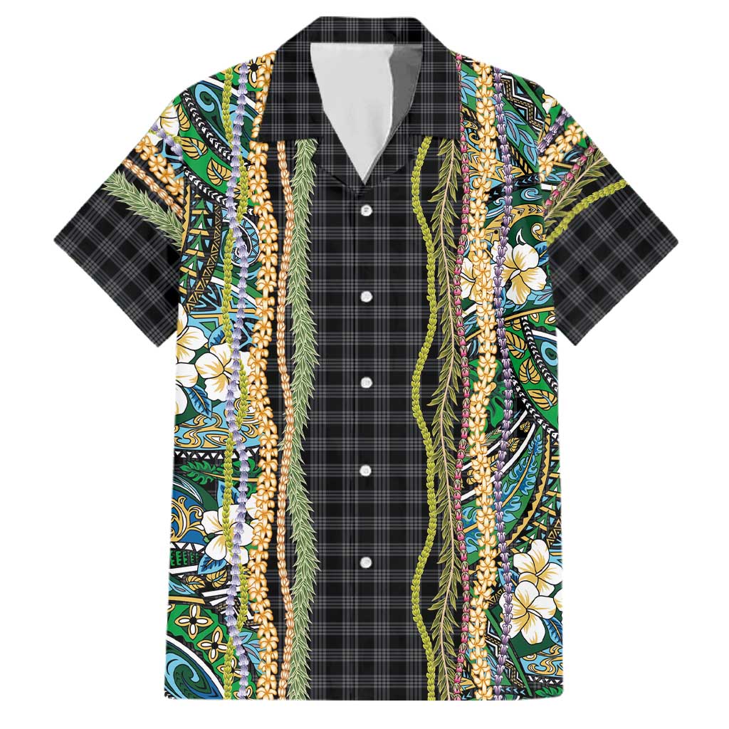Hawaiian Art Flower Tribal with Lei Family Matching Puletasi and Hawaiian Shirt Palaka Pattern Black Color - Polynesian Pride