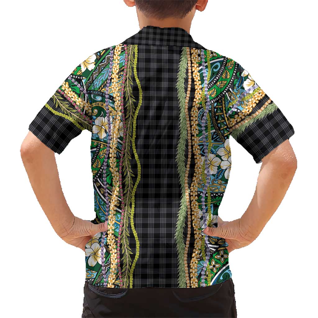 Hawaiian Art Flower Tribal with Lei Family Matching Short Sleeve Bodycon Dress and Hawaiian Shirt Palaka Pattern Black Color - Polynesian Pride