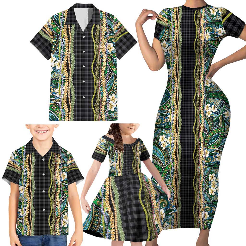 Hawaiian Art Flower Tribal with Lei Family Matching Short Sleeve Bodycon Dress and Hawaiian Shirt Palaka Pattern Black Color - Polynesian Pride