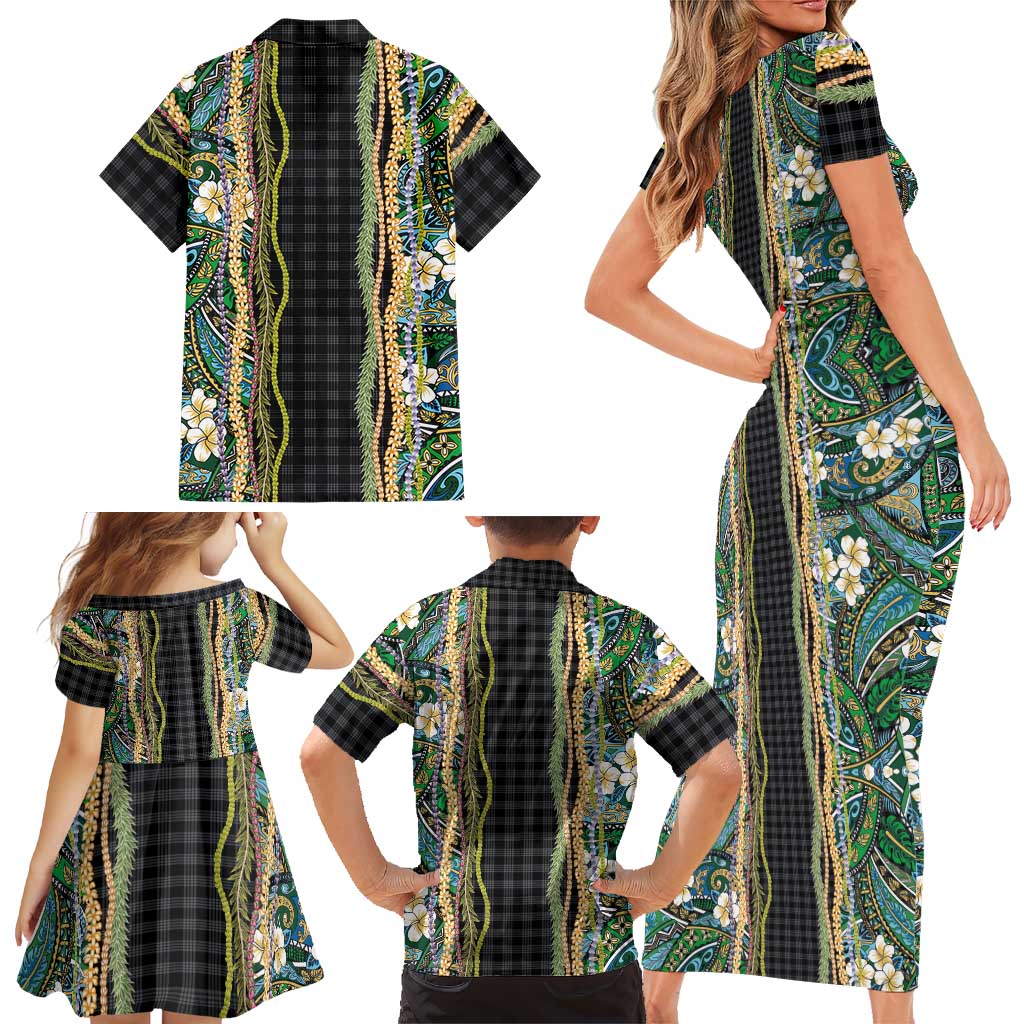 Hawaiian Art Flower Tribal with Lei Family Matching Short Sleeve Bodycon Dress and Hawaiian Shirt Palaka Pattern Black Color - Polynesian Pride