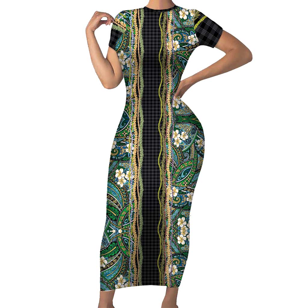 Hawaiian Art Flower Tribal with Lei Family Matching Short Sleeve Bodycon Dress and Hawaiian Shirt Palaka Pattern Black Color - Polynesian Pride