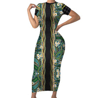 Hawaiian Art Flower Tribal with Lei Family Matching Short Sleeve Bodycon Dress and Hawaiian Shirt Palaka Pattern Black Color - Polynesian Pride