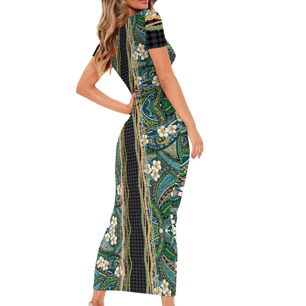 Hawaiian Art Flower Tribal with Lei Family Matching Short Sleeve Bodycon Dress and Hawaiian Shirt Palaka Pattern Black Color - Polynesian Pride