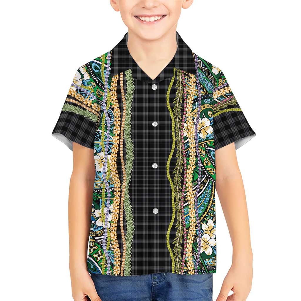 Hawaiian Art Flower Tribal with Lei Family Matching Short Sleeve Bodycon Dress and Hawaiian Shirt Palaka Pattern Black Color - Polynesian Pride
