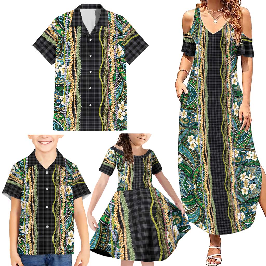 Hawaiian Art Flower Tribal with Lei Family Matching Summer Maxi Dress and Hawaiian Shirt Palaka Pattern Black Color - Polynesian Pride