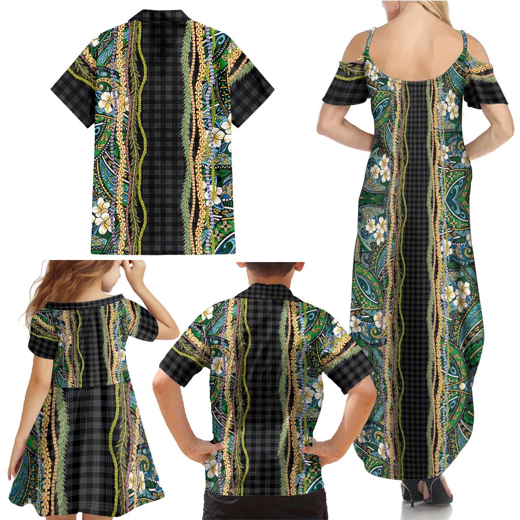 Hawaiian Art Flower Tribal with Lei Family Matching Summer Maxi Dress and Hawaiian Shirt Palaka Pattern Black Color - Polynesian Pride