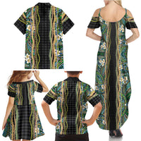 Hawaiian Art Flower Tribal with Lei Family Matching Summer Maxi Dress and Hawaiian Shirt Palaka Pattern Black Color - Polynesian Pride