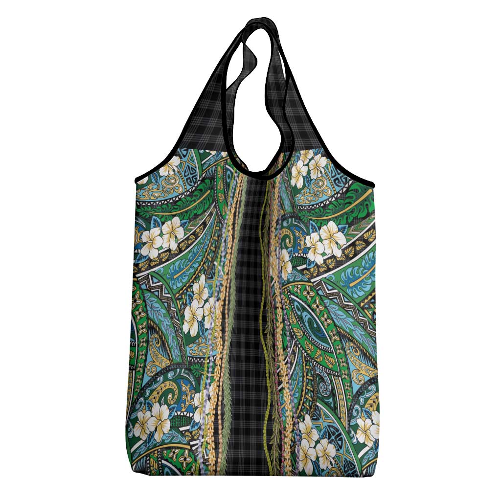 Hawaiian Art Flower Tribal with Lei Grocery Bag Palaka Pattern Black Color LT03 - Polynesian Pride