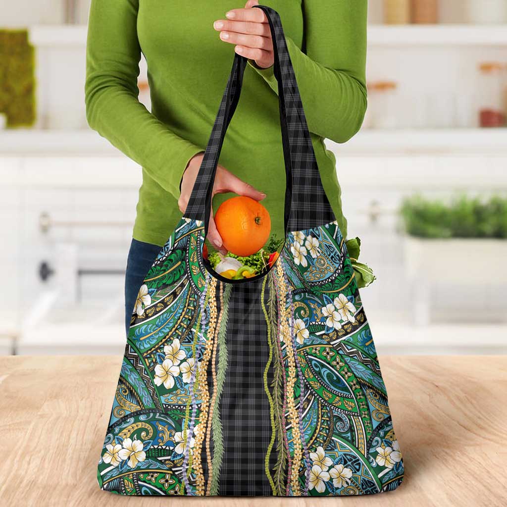 Hawaiian Art Flower Tribal with Lei Grocery Bag Palaka Pattern Black Color LT03 - Polynesian Pride